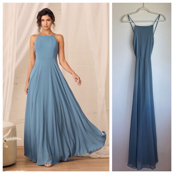 Lulus Women's Mythical Kind of Love Slate Blue Maxi Dress Cross Back Backless S - Picture 1 of 13